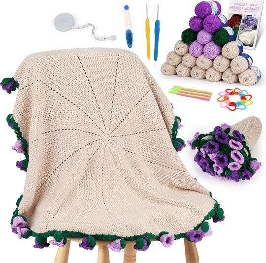 Citrus; Flower Bouquet Crochet Blanket Kit for Beginners Adults | Bellflower Floral Blanket DIY Crochet Kit with Soft Yarn, Hooks, Accessories & Step-by-Step Instructions | Creative Handmade Craft Gift Set; Category:Crochet Kits; Image:1